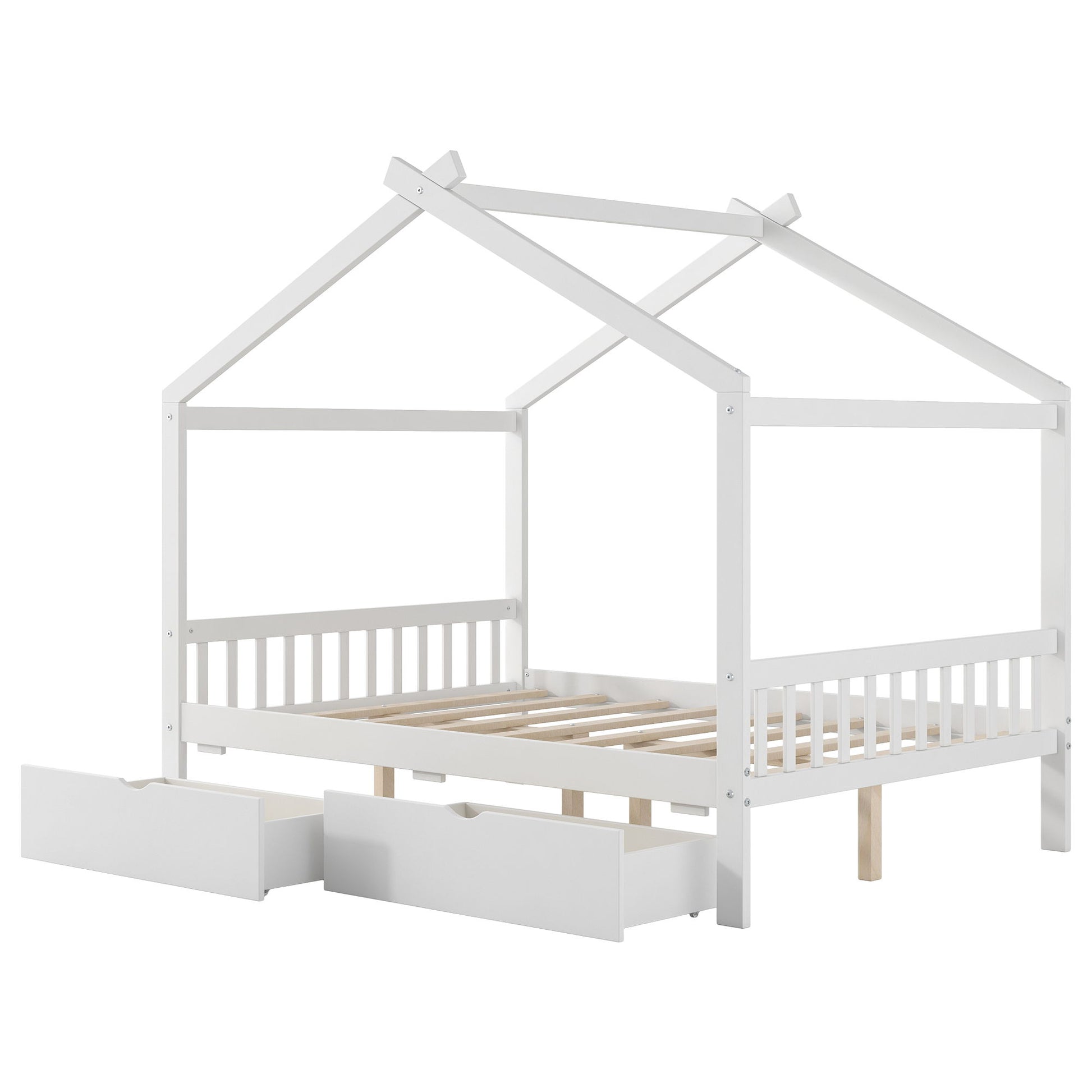House Style Platform Bed With Headboard, Footboard, 2 Drawers, And Roof Design - The Sleep Loft - Online Mattress Showroom NYC