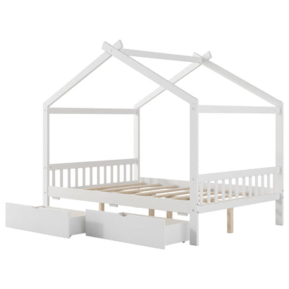 House Style Platform Bed With Headboard, Footboard, 2 Drawers, And Roof Design - The Sleep Loft - Online Mattress Showroom NYC