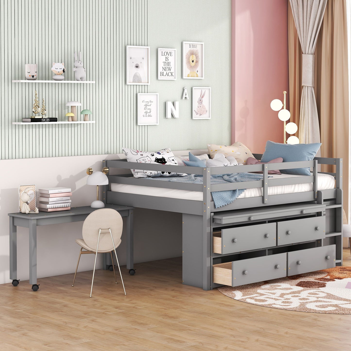 Loft Bed With Retractable Writing Desk And 4 Drawers, With Lateral Portable Desk And Shelves - The Sleep Loft - Online Mattress Showroom NYC