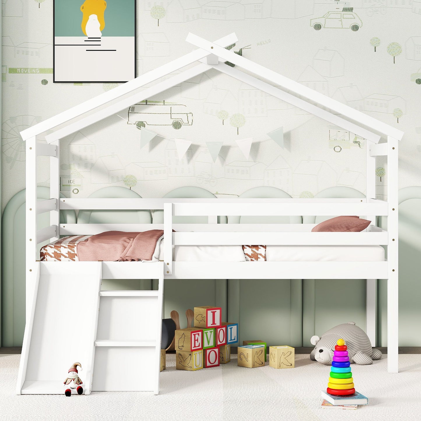 Low Loft House Bed With Slide, Ladder, Safety Guardrails, House Roof Frame - The Sleep Loft - Online Mattress Showroom NYC