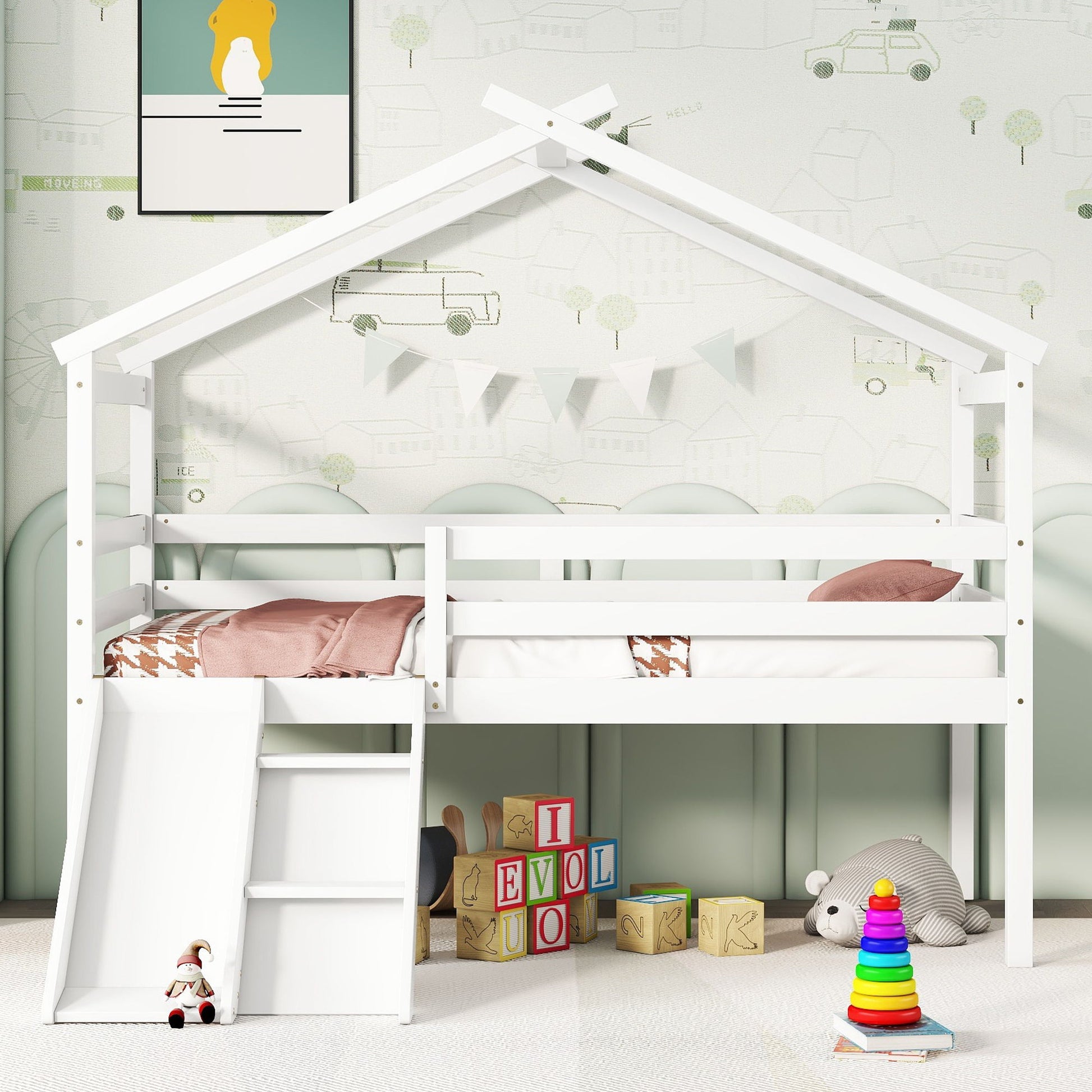Low Loft House Bed With Slide, Ladder, Safety Guardrails, House Roof Frame - The Sleep Loft - Online Mattress Showroom NYC