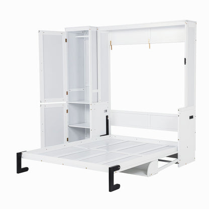 Queen Size Murphy Bed With Wardrobe, Space-Saving Hidden Wall Bed With Desk And Charging Station - White - The Sleep Loft - Online Mattress Showroom NYC