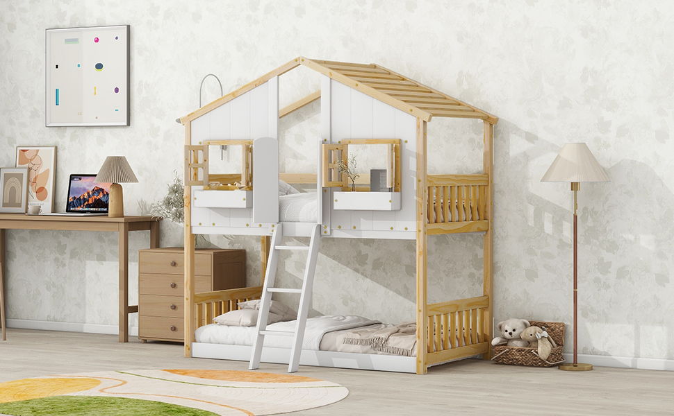 House Bunk Bed With Roof, Window, Window Box, Door, With Safety Guardrails And Ladder - The Sleep Loft - Online Mattress Showroom NYC