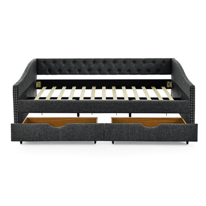 Upholstered Tufted Daybed With 2 Drawers, Waved Arms - The Sleep Loft - Online Mattress Showroom NYC
