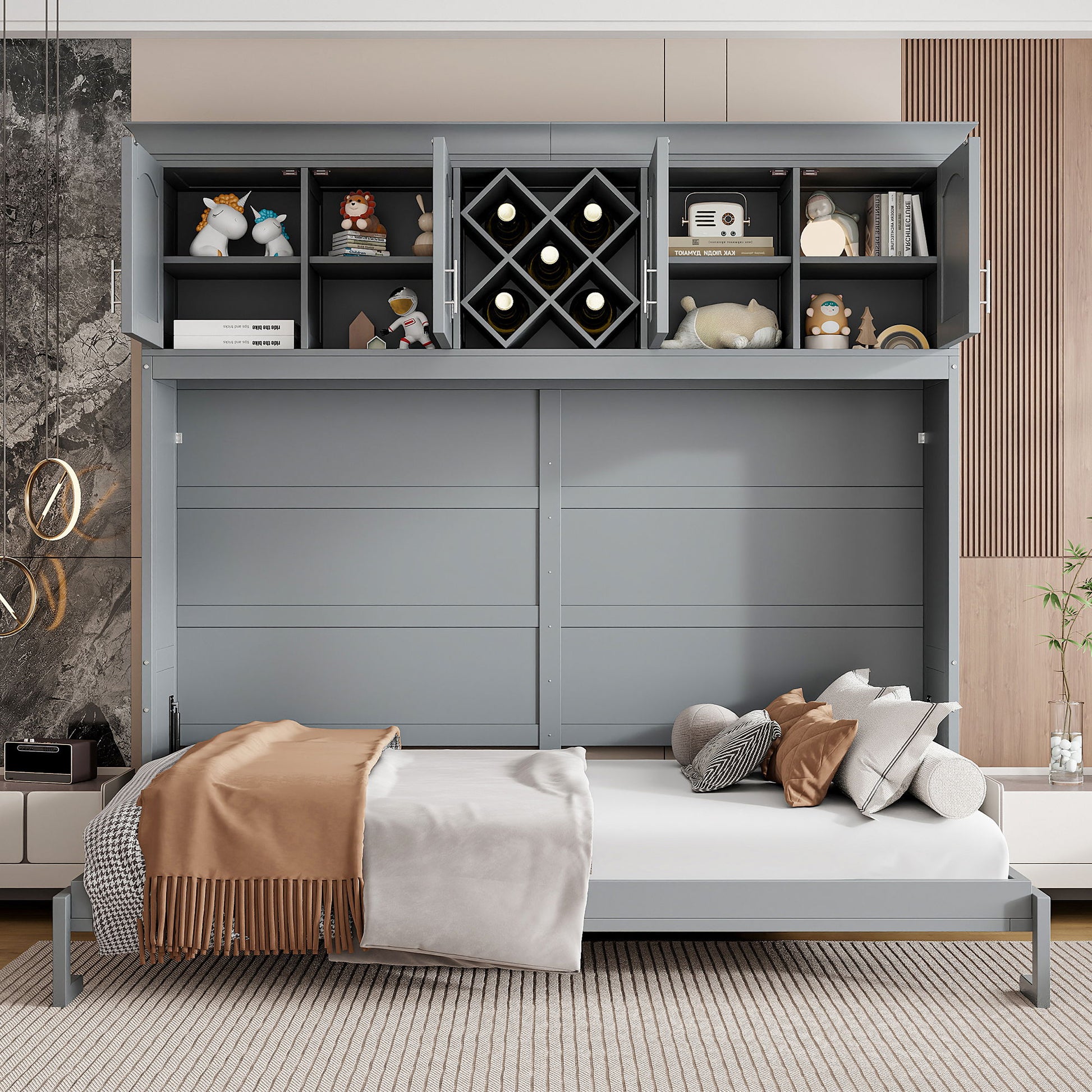 Murphy Wall Bed With Top Cabinets & Wine Rack - The Sleep Loft - Online Mattress Showroom NYC