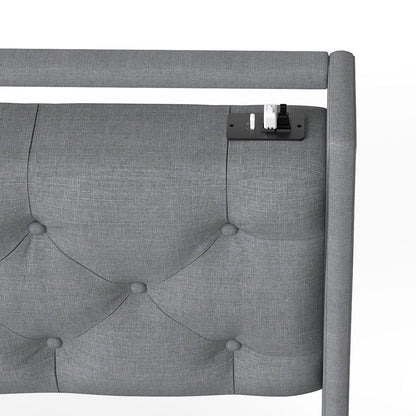 King Platform Bed Frame With RGB LED & Charging Station Storage Headboard, 12 Color Ambient Lighting - Gray