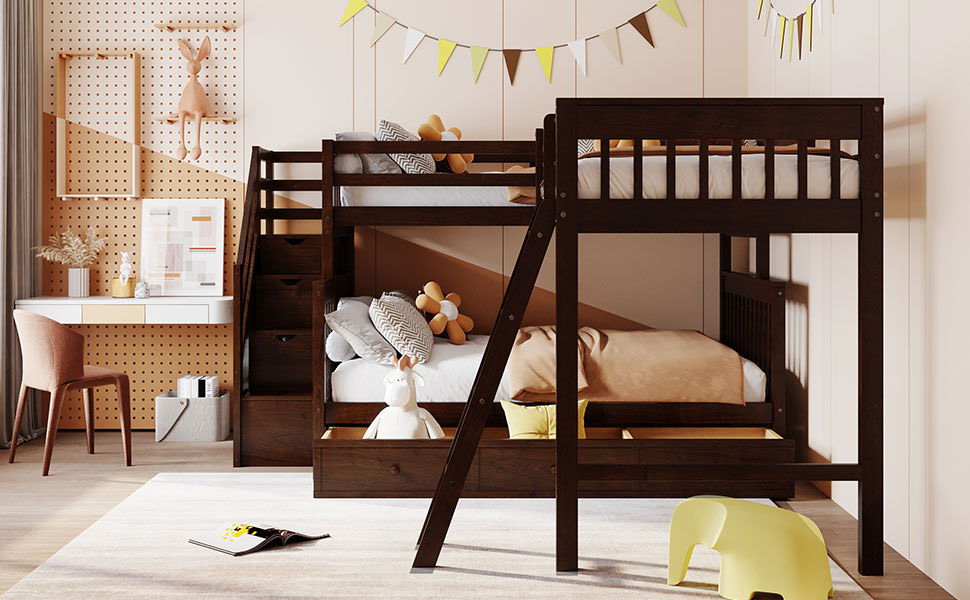 Solid L Shaped Bunk Bed With 3 Drawers, Ladder And Staircase - The Sleep Loft - Online Mattress Showroom NYC