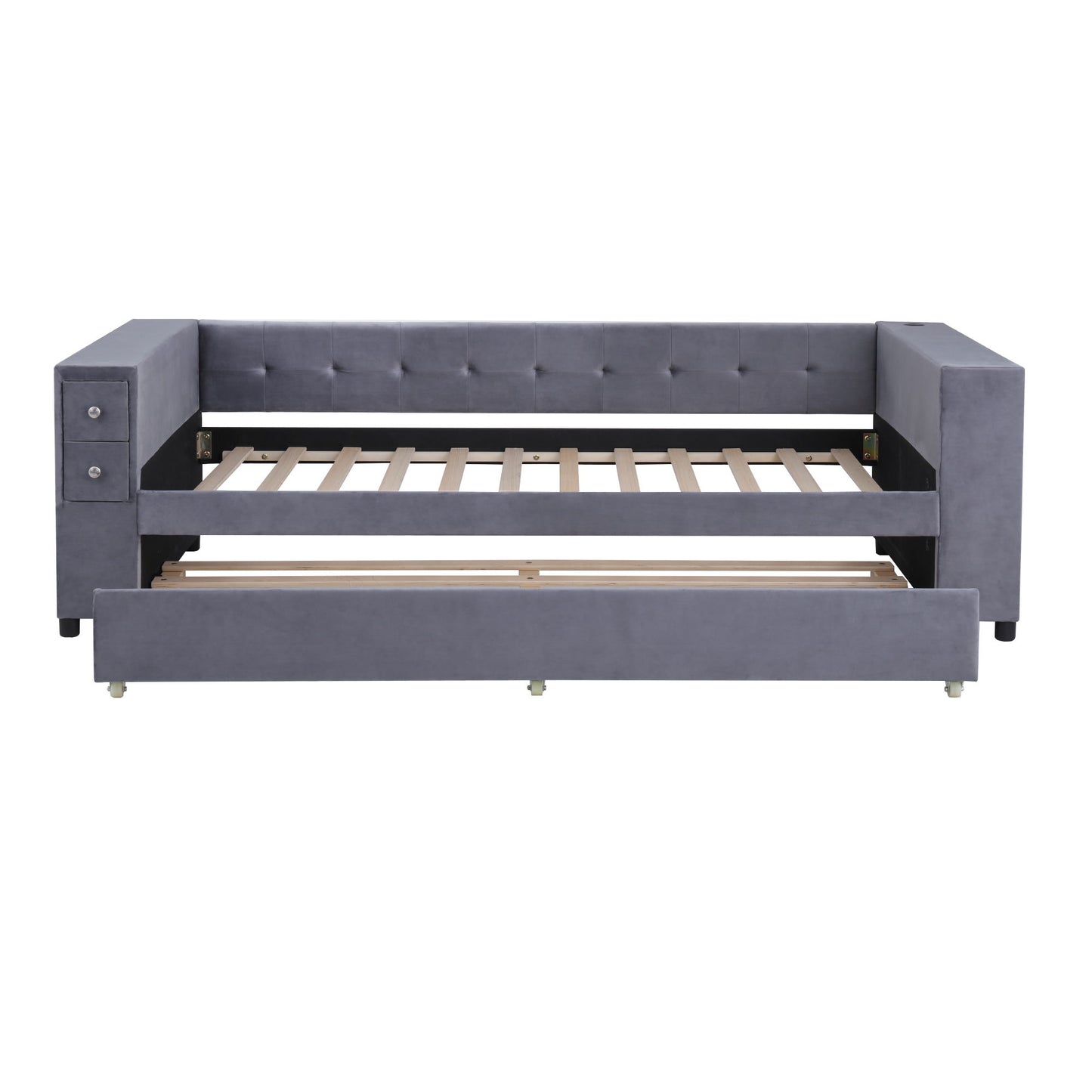 Upholstered Bed With Storage And Twin Trundle, USB Charging Ports - The Sleep Loft - Online Mattress Showroom NYC