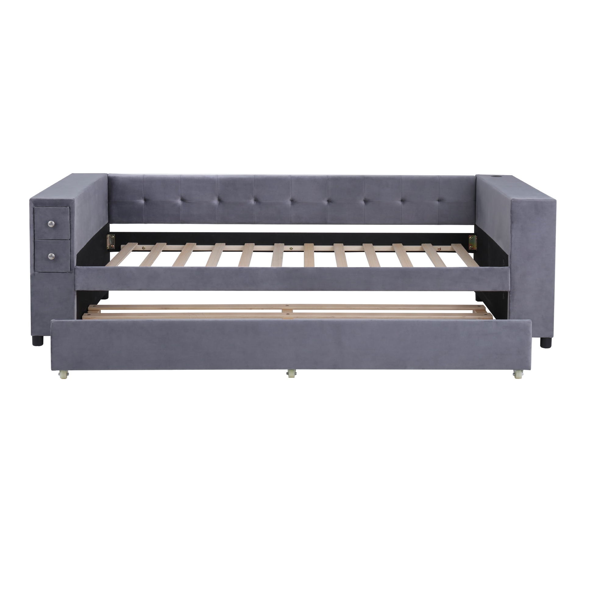 Upholstered Bed With Storage And Twin Trundle, USB Charging Ports - The Sleep Loft - Online Mattress Showroom NYC