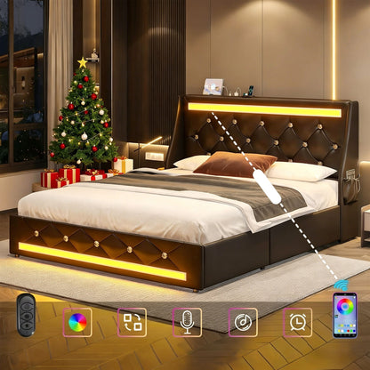 Wingback Upholstered Bed Frame With LED Lights, Charging Station - The Sleep Loft - Online Mattress Showroom NYC