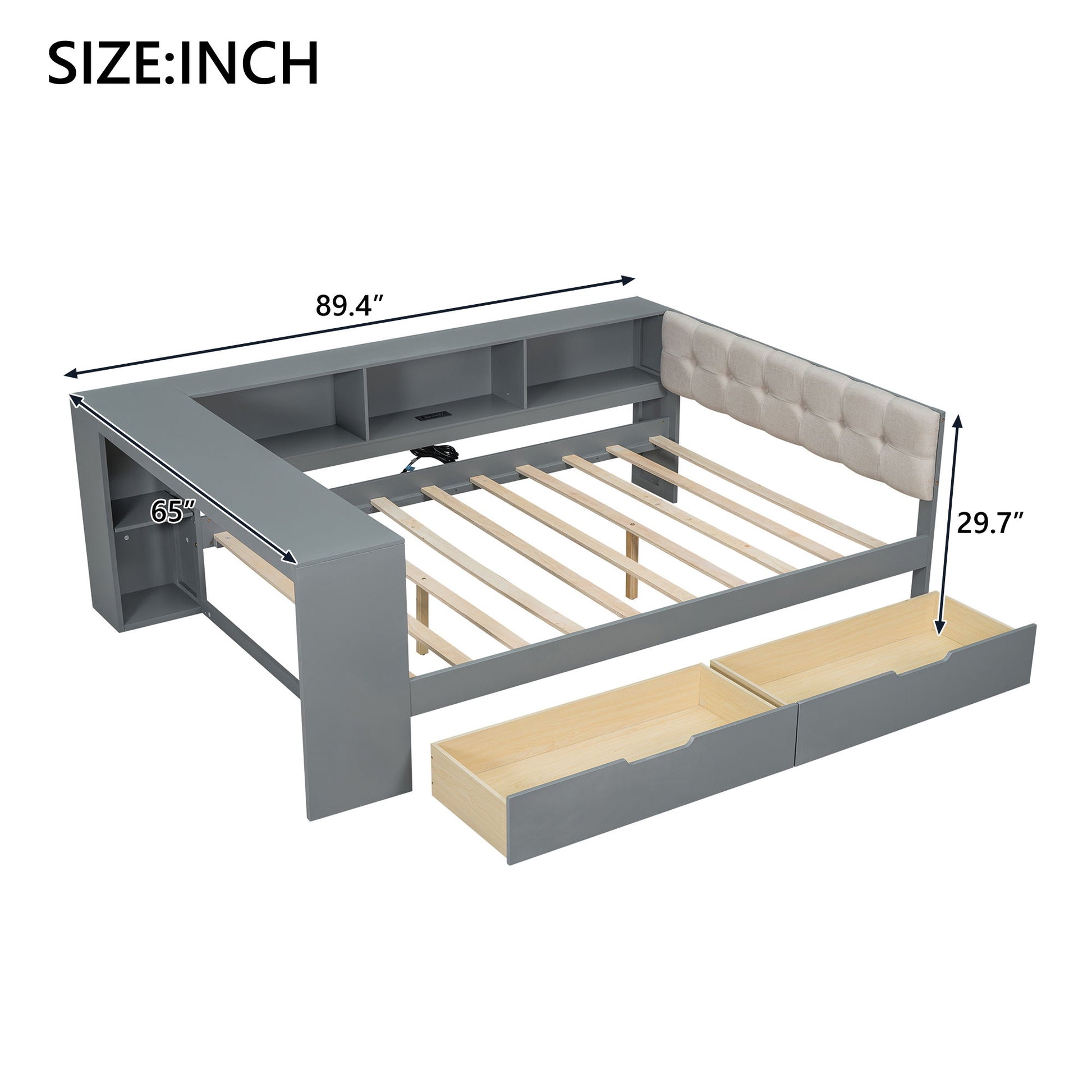 Upholstered Headboard Platform Bed With Storage Shelves, Drawers, Charging Station - The Sleep Loft - Online Mattress Showroom NYC