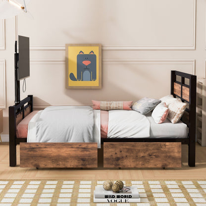 Twin Size Platform Bed With Headboard And Footboard, 2 Storage Drawers And Rotatable TV Stand - Black - The Sleep Loft - Online Mattress Showroom NYC