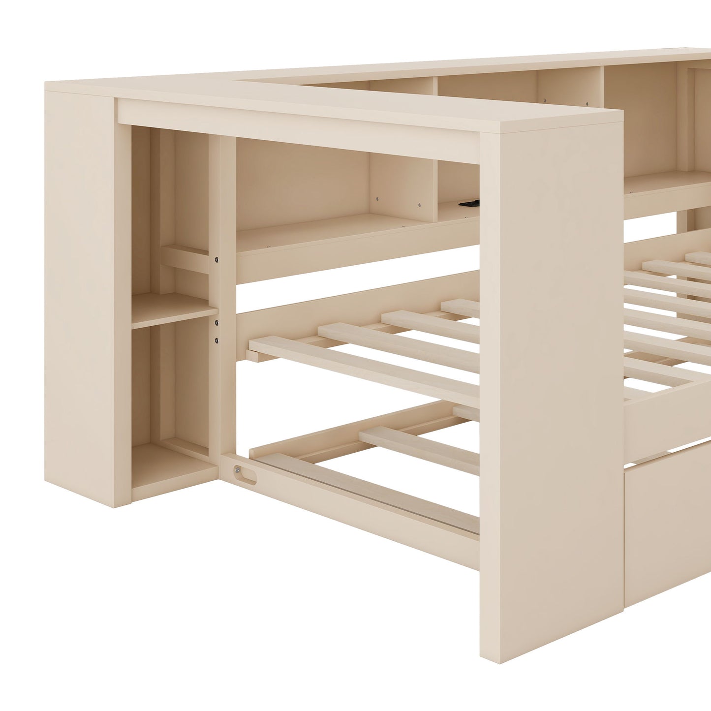 Upholstered Headboard Platform Bed With Storage Shelves, Trundle, Charging Station - The Sleep Loft - Online Mattress Showroom NYC