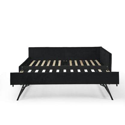 Full Size Upholstered Daybed With Trundle, Tufted Backrest And Armrests - Black - The Sleep Loft - Online Mattress Showroom NYC