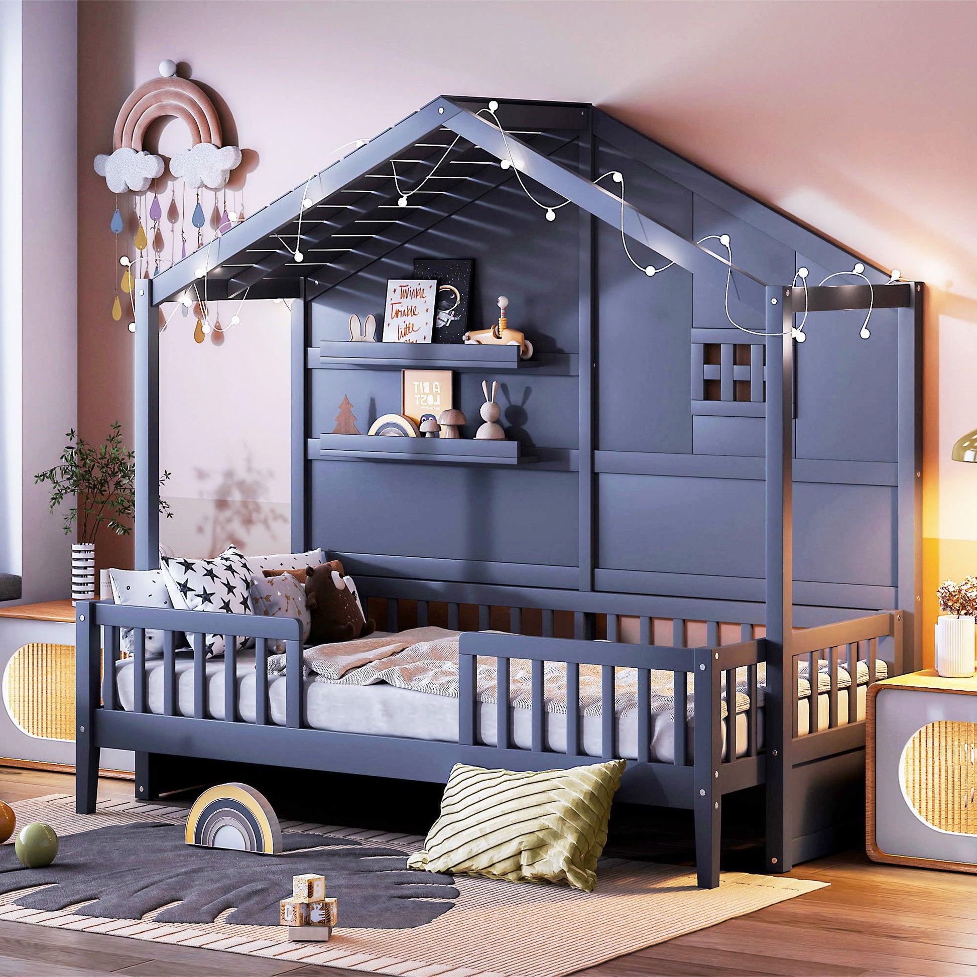 House Bed With Shelves, Window And Sparkling Light Strip On The Roof - The Sleep Loft - Online Mattress Showroom NYC