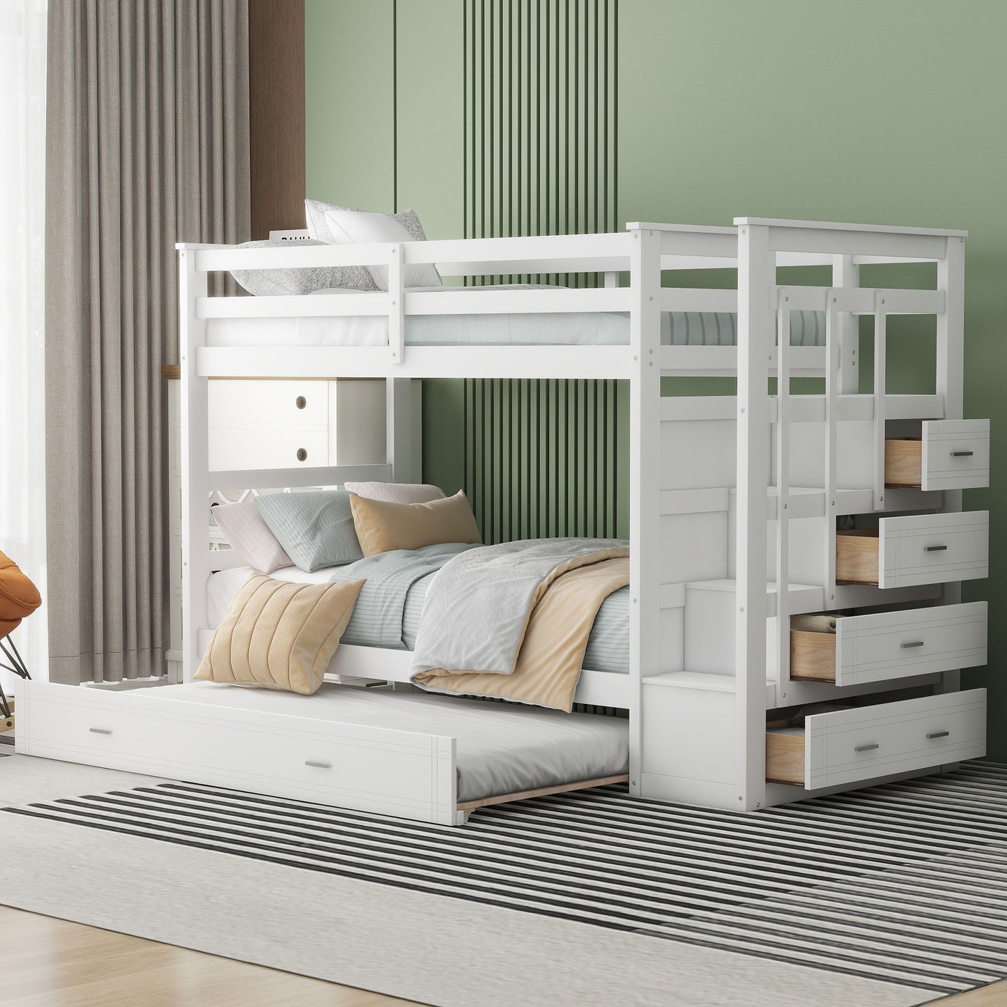 Twin Over Twin Bunk Bed With Trundle And Staircase - White - The Sleep Loft - Online Mattress Showroom NYC