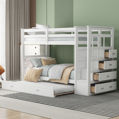 Twin Over Twin Bunk Bed With Trundle And Staircase - White - The Sleep Loft - Online Mattress Showroom NYC