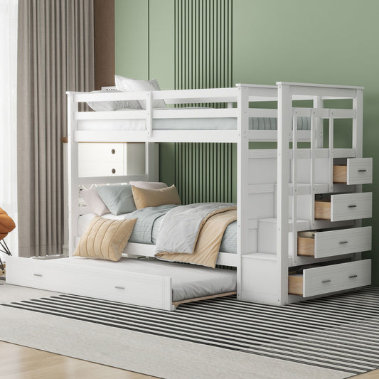 Twin Over Twin Bunk Bed With Trundle And Staircase - White - The Sleep Loft - Online Mattress Showroom NYC