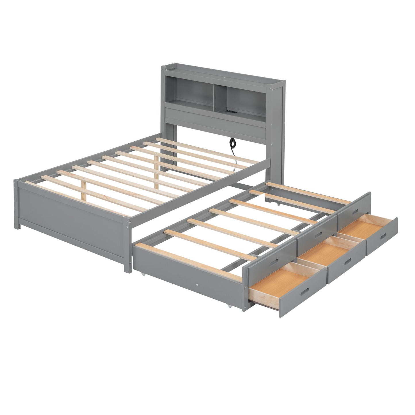 Full Size Platform Bed With Trundle, Drawers, USB Ports And Built In Shelves - Gray - The Sleep Loft - Online Mattress Showroom NYC