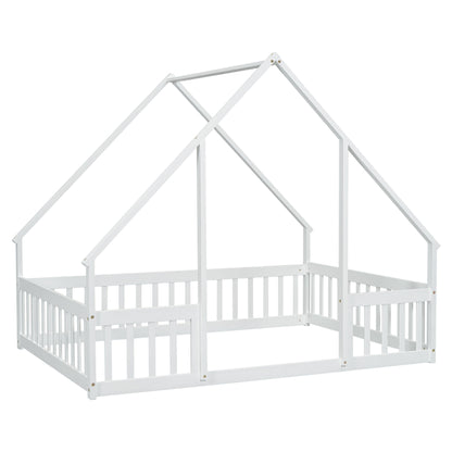 Wood House-Shaped Floor Bed With Fence, Guardrails - The Sleep Loft - Online Mattress Showroom NYC