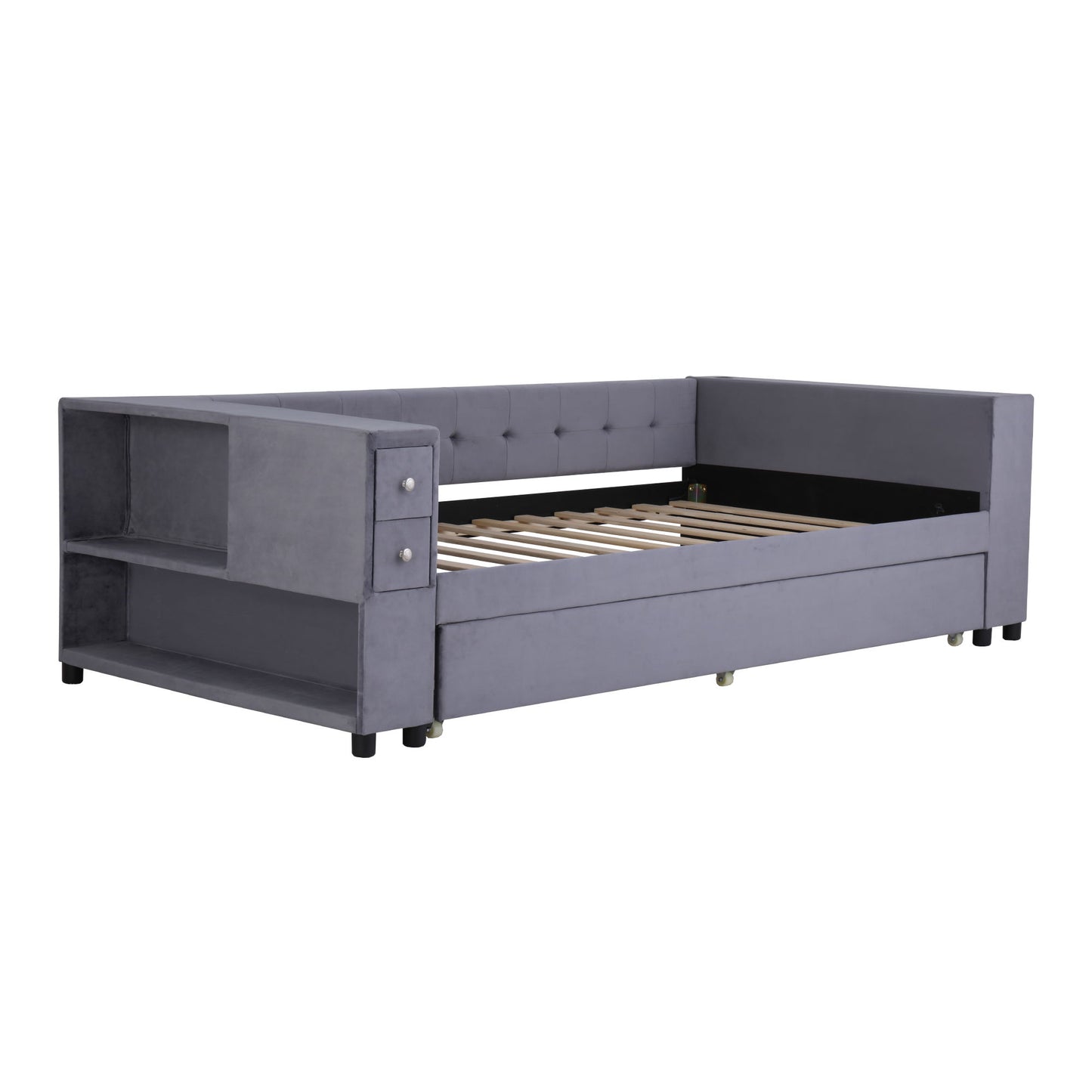 Upholstered Bed With Storage And Twin Trundle, USB Charging Ports - The Sleep Loft - Online Mattress Showroom NYC