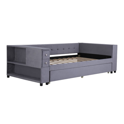 Upholstered Bed With Storage And Twin Trundle, USB Charging Ports - The Sleep Loft - Online Mattress Showroom NYC