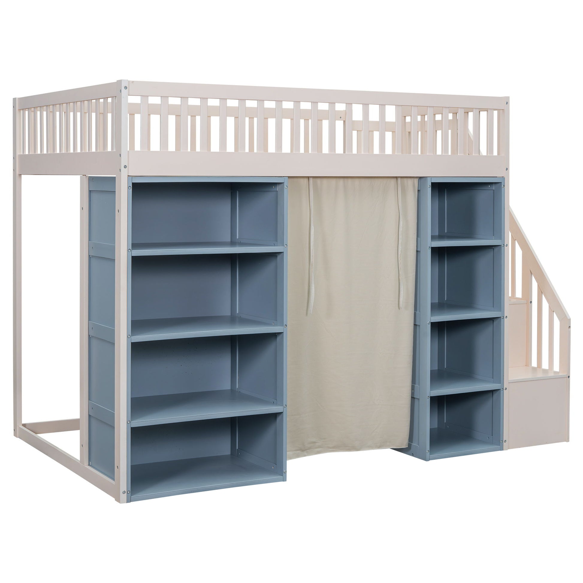 Full Size Loft Bed With 2 Four Layer Storage Cabinets And Curtain With Built In Staircase And Privacy Curtain - White - The Sleep Loft - Online Mattress Showroom NYC