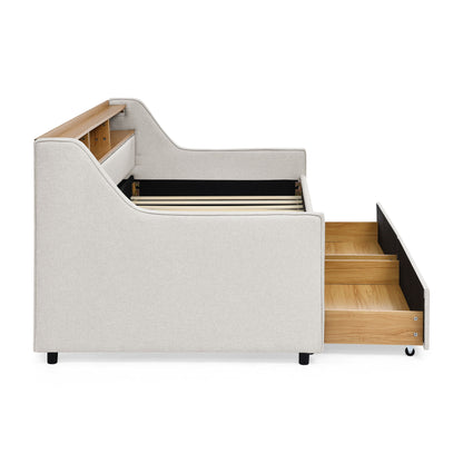Twin Upholstered Sofa Bed With LED Lights, Storage Drawers, Adjustable Headboard & Wireless Charging - Beige - The Sleep Loft - Online Mattress Showroom NYC