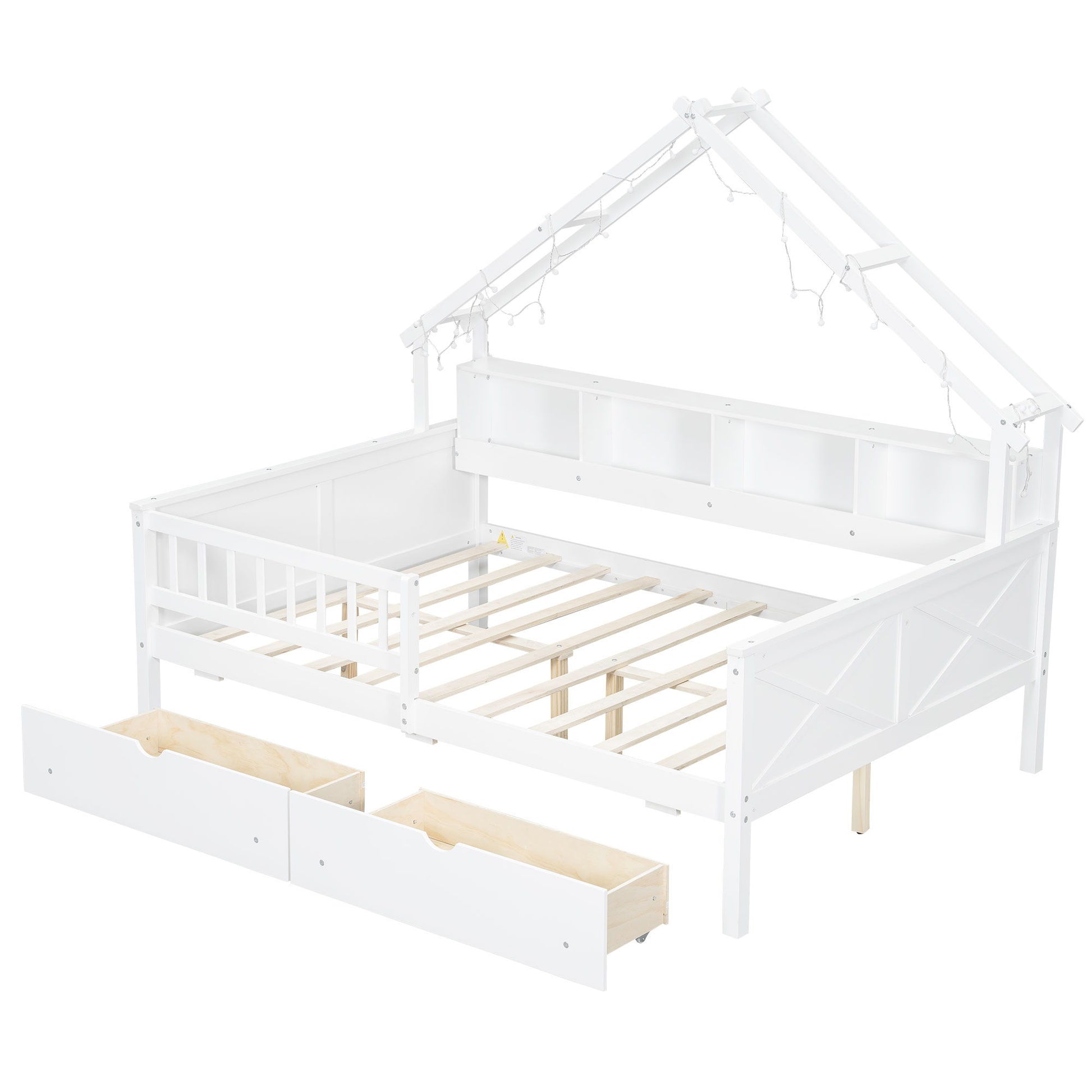 House Style Platform Bed With LED Lights, Storage Shelves, Drawers, And Guardrail - The Sleep Loft - Online Mattress Showroom NYC