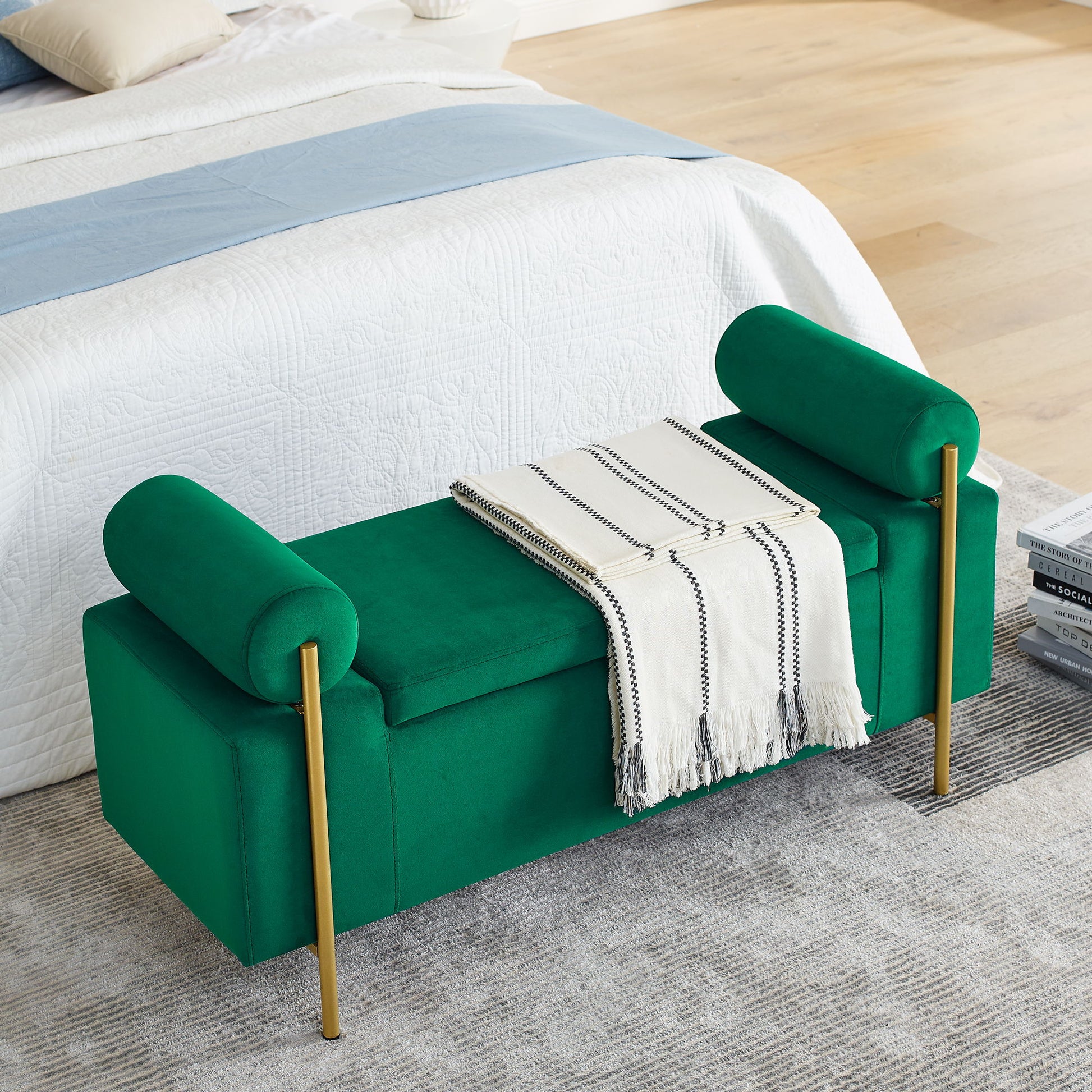 Elegant Upholstered Storage Bench With Cylindrical Arms And Iron Legs, - The Sleep Loft - Online Mattress Showroom NYC