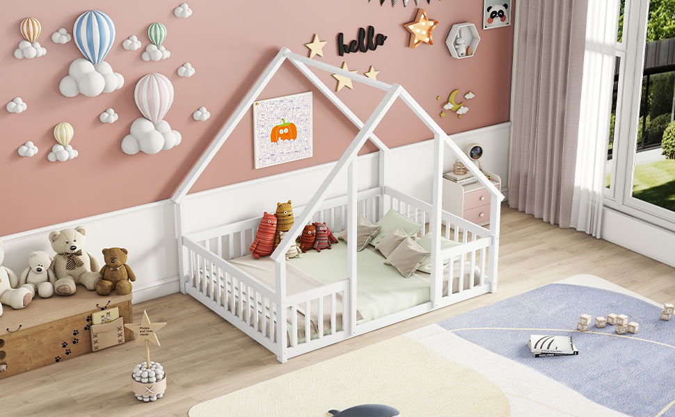 Wood House-Shaped Floor Bed With Fence, Guardrails - The Sleep Loft - Online Mattress Showroom NYC