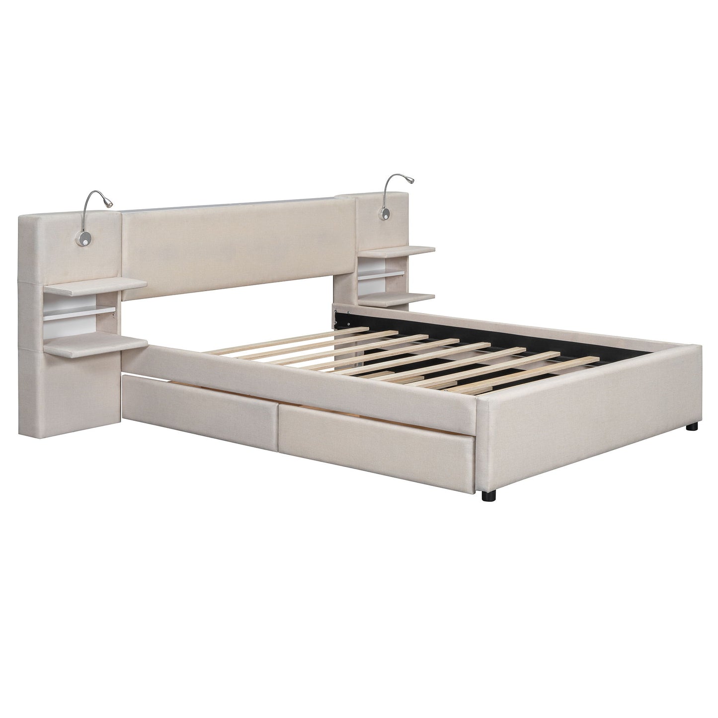 Upholstered Platform Bed With Reading Lights, Drawers, Trundle And Shelves - The Sleep Loft - Online Mattress Showroom NYC