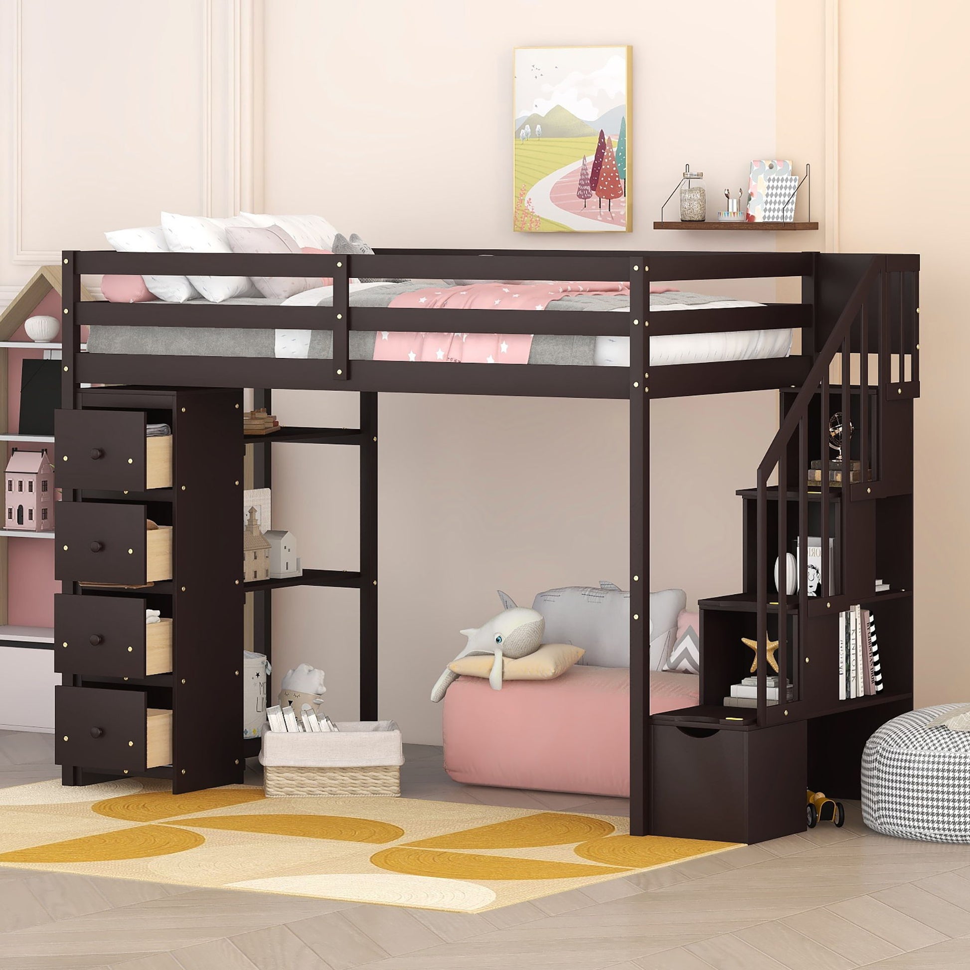 Loft Bed With Storage Drawers And Stairs With Shelves - The Sleep Loft - Online Mattress Showroom NYC