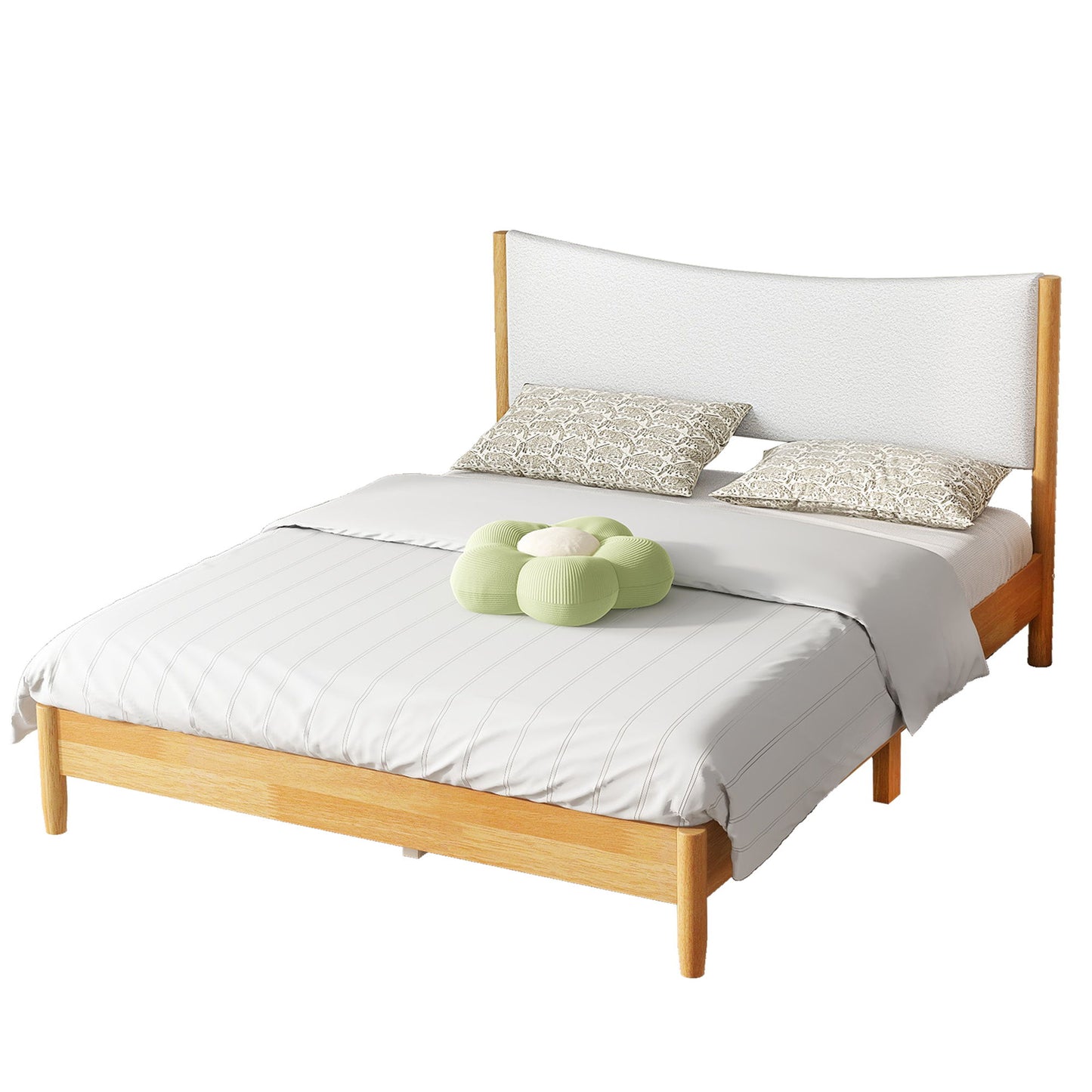 Queen Size Rubber Wooden, Solid Wooden Bed With Teddy Velvet Cushion Upholstered Headboard, Enhanced By Support Feet - Natural - The Sleep Loft - Online Mattress Showroom NYC