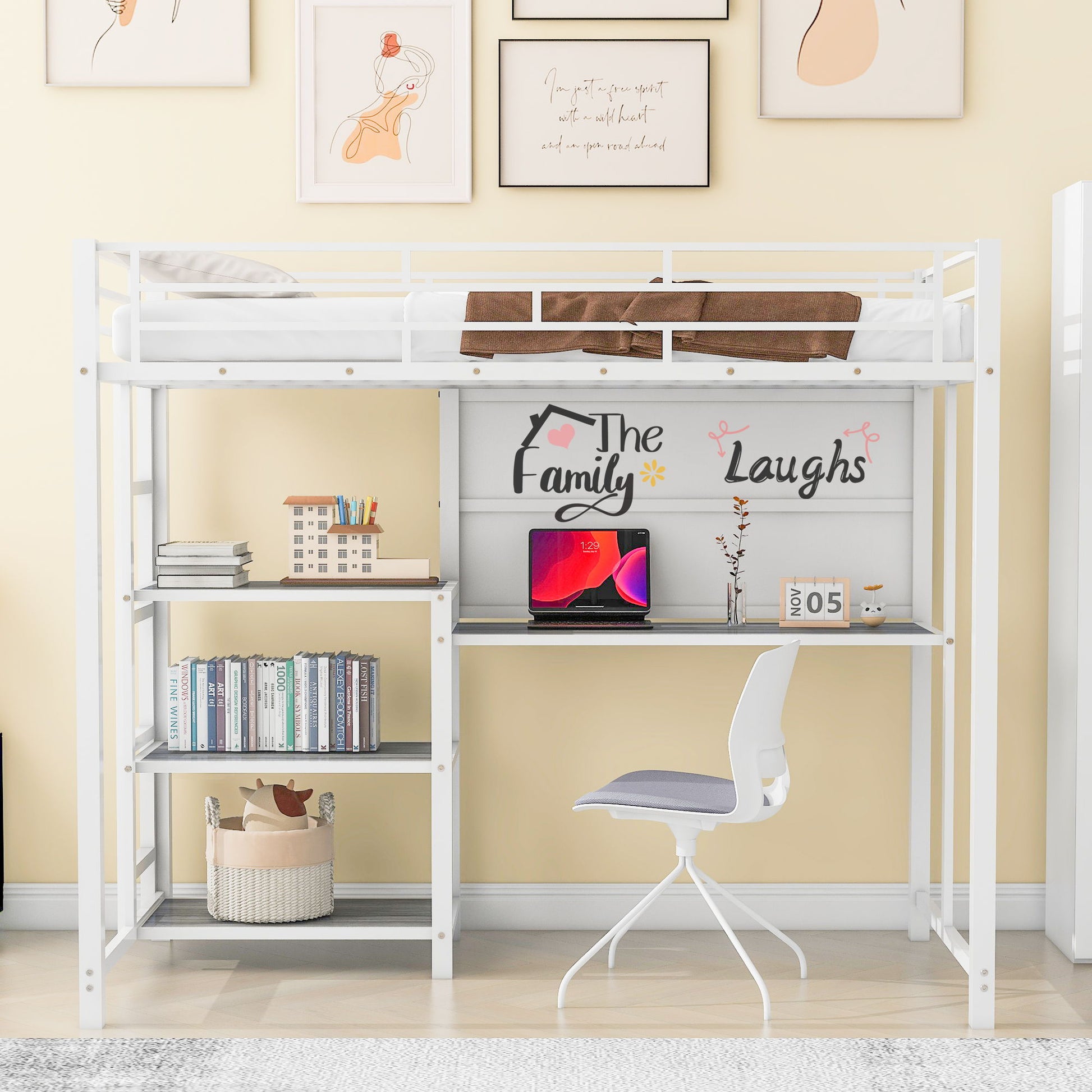 Metal Loft Bed With Desk, 3 Shelves And Ladder - The Sleep Loft - Online Mattress Showroom NYC