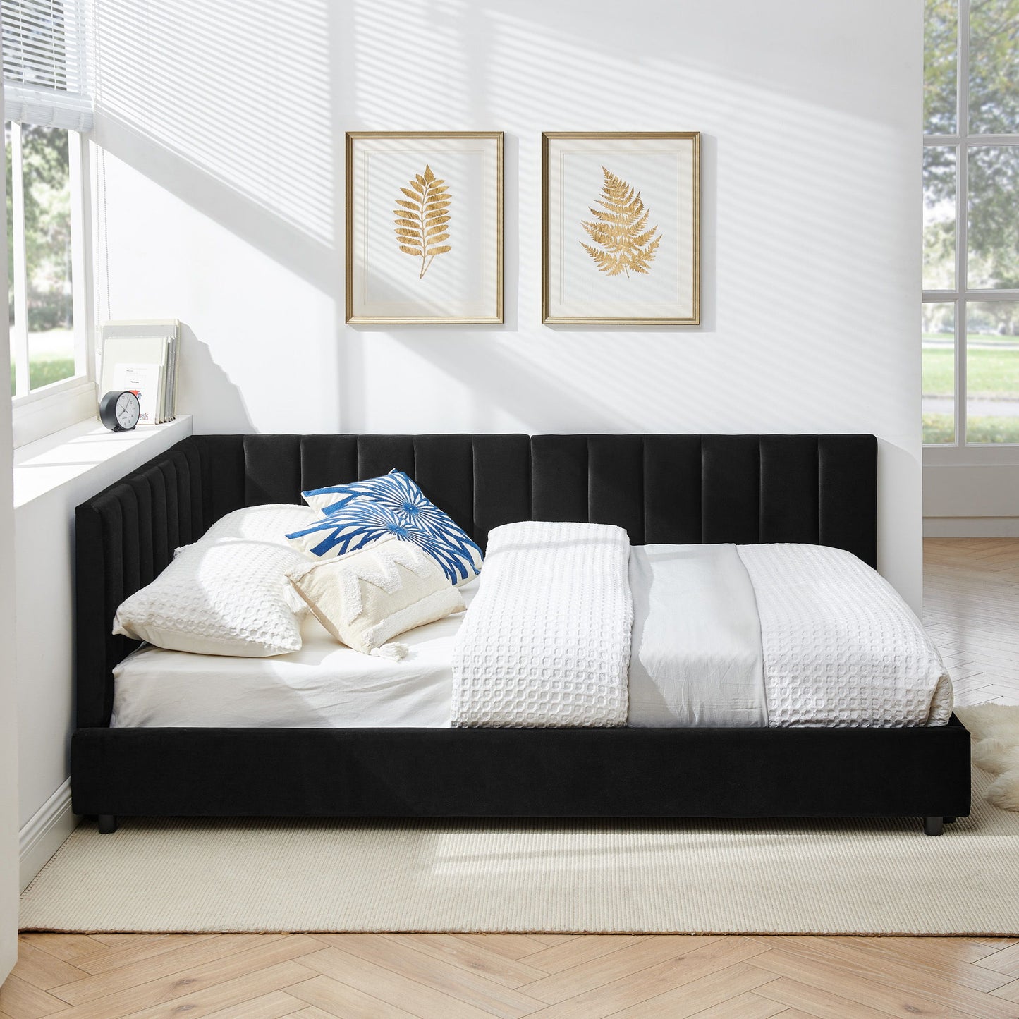Mid-Century Upholstered Tufted Bed Frame With Backrest And Armrests - The Sleep Loft - Online Mattress Showroom NYC