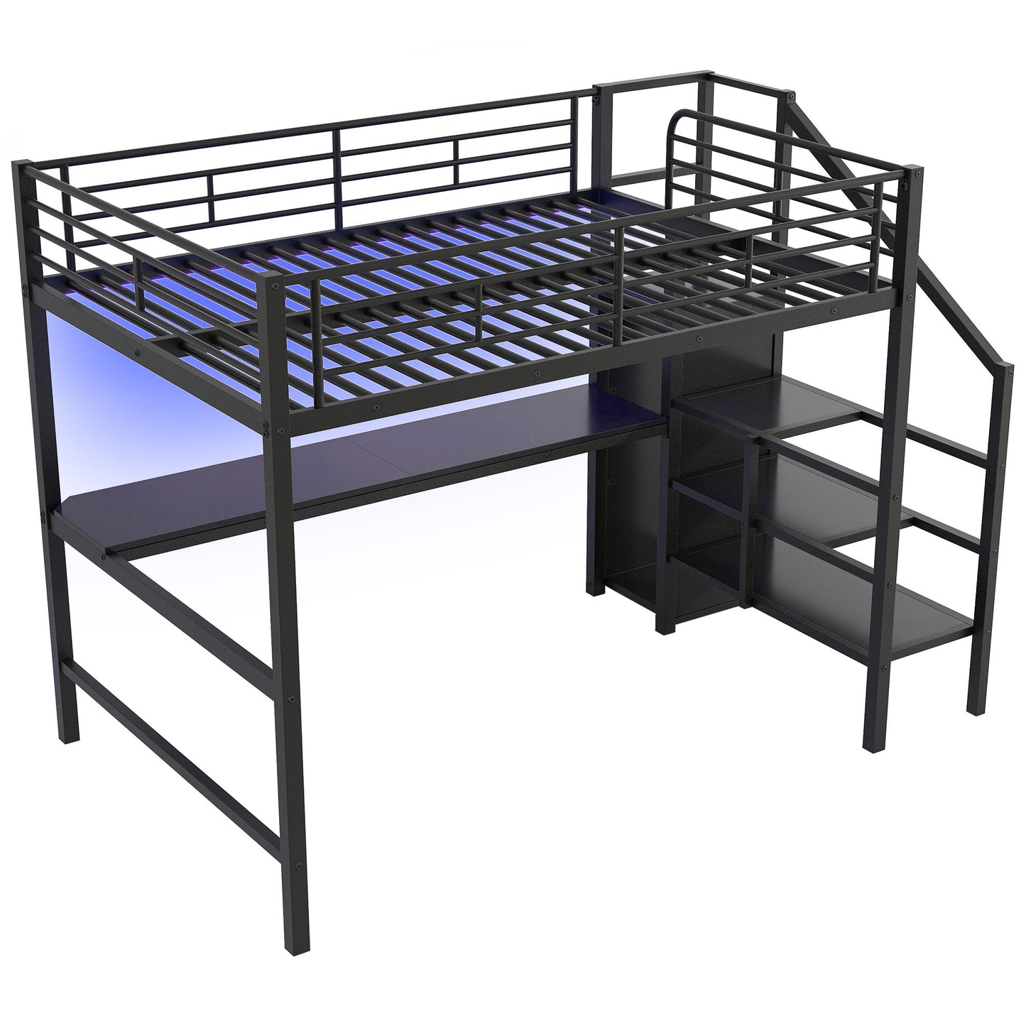 Full Size Loft Bed With Desk, Storage Staircase, Small Wardrobe And LED Light - Black - The Sleep Loft - Online Mattress Showroom NYC