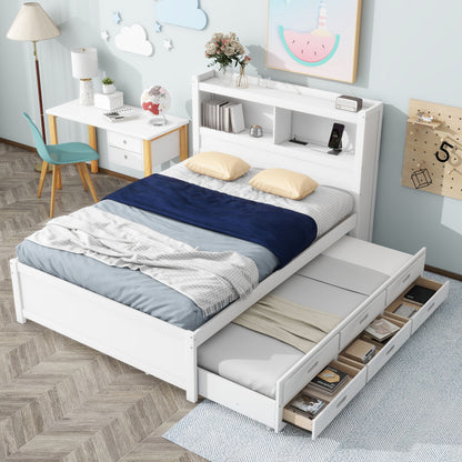 Full Size Platform Bed With Trundle, Drawers, USB Ports And Built In Shelves - White - The Sleep Loft - Online Mattress Showroom NYC