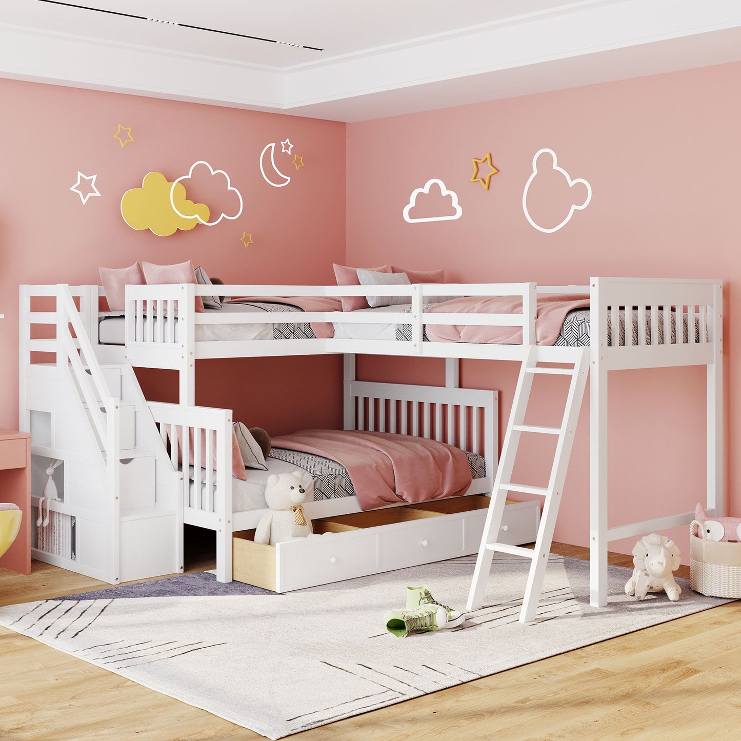 Solid L Shaped Bunk Bed With 3 Drawers, Ladder And Staircase - The Sleep Loft - Online Mattress Showroom NYC