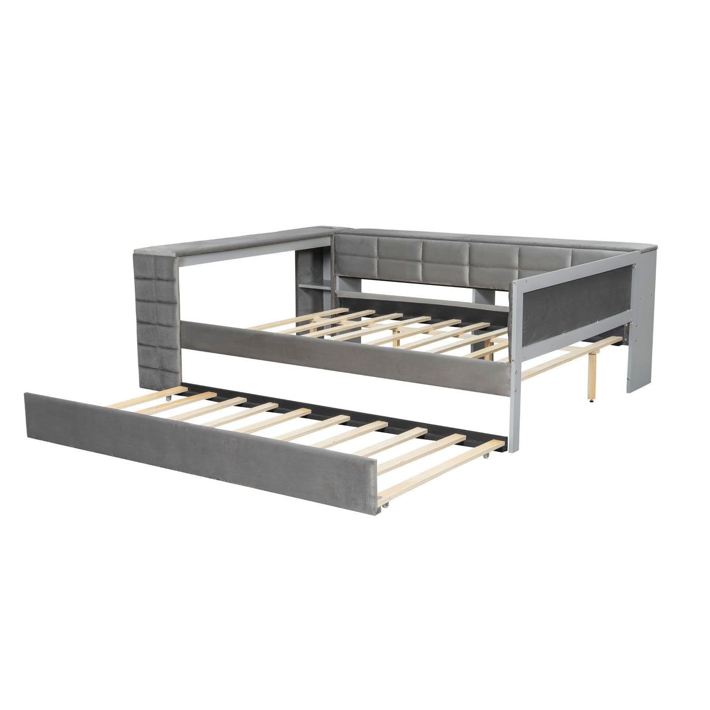 Upholstered Platform Bed With Storage Shelves, Desk, Charging Station And Trundle - The Sleep Loft - Online Mattress Showroom NYC