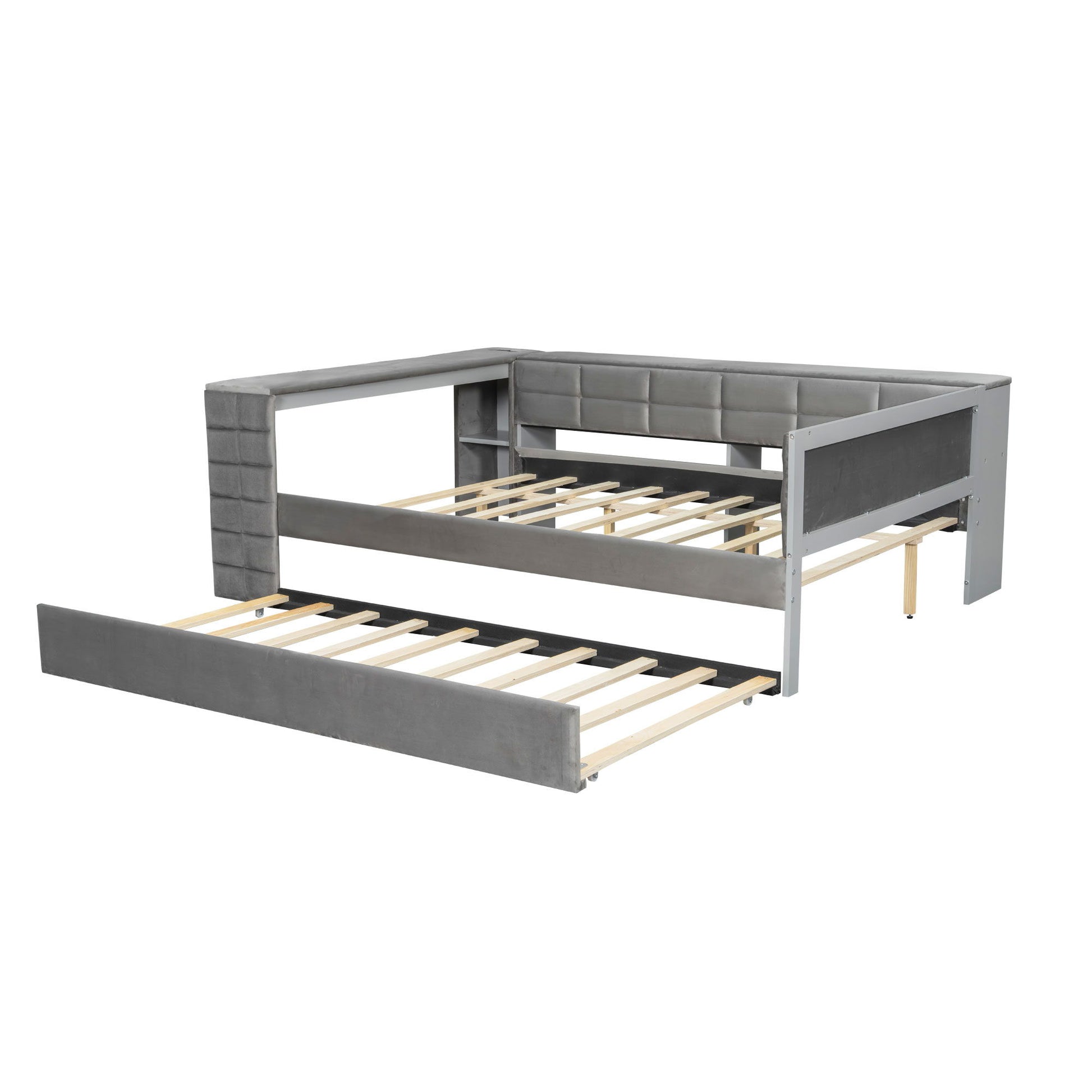 Upholstered Platform Bed With Storage Shelves, Desk, Charging Station And Trundle - The Sleep Loft - Online Mattress Showroom NYC