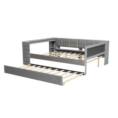 Upholstered Platform Bed With Storage Shelves, Desk, Charging Station And Trundle - The Sleep Loft - Online Mattress Showroom NYC
