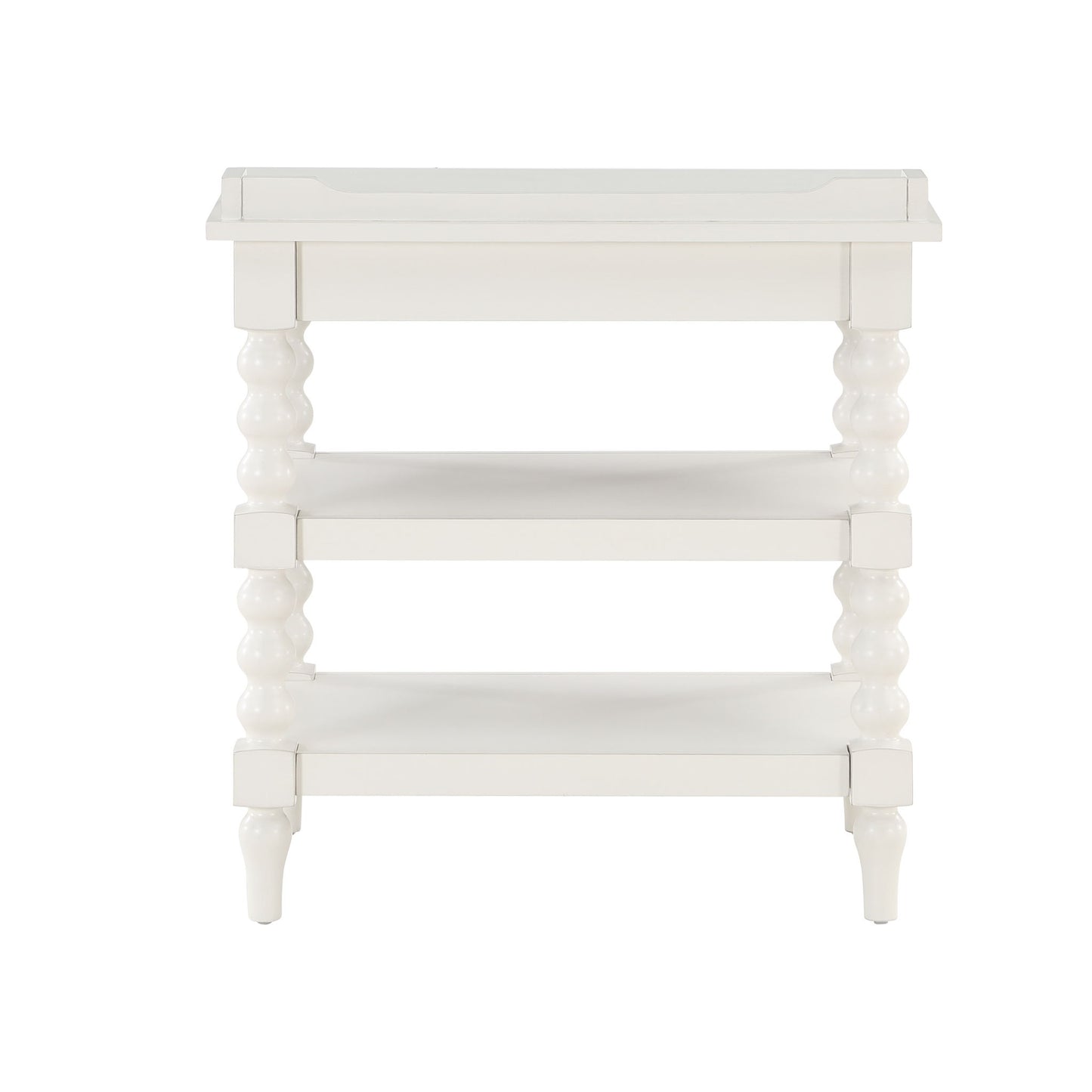 Aria - Nightstand With Styling, 2 Shelves, Pull Out Tray, Spool Turned Legs - Antique White - The Sleep Loft - Online Mattress Showroom NYC