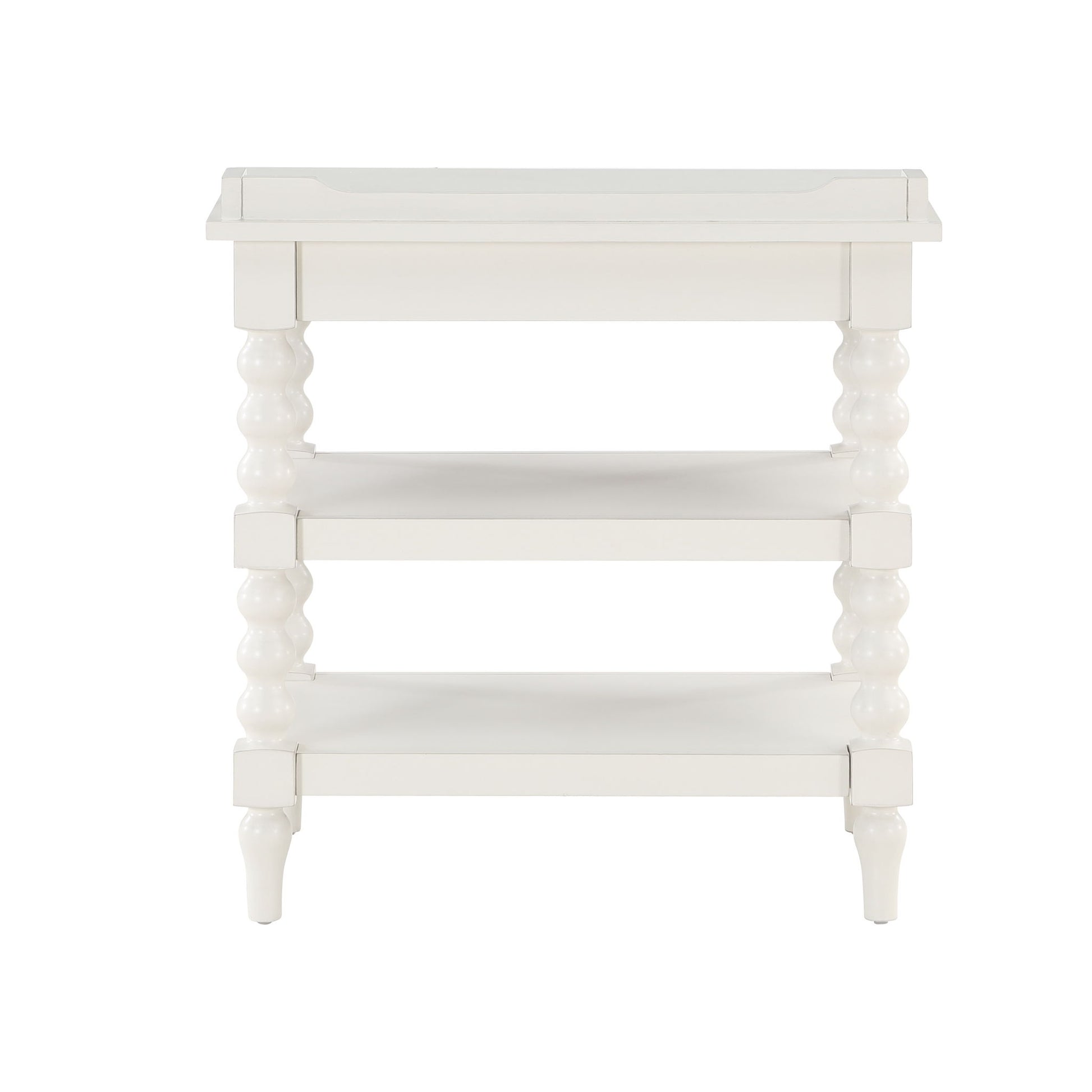 Aria - Nightstand With Styling, 2 Shelves, Pull Out Tray, Spool Turned Legs - Antique White - The Sleep Loft - Online Mattress Showroom NYC