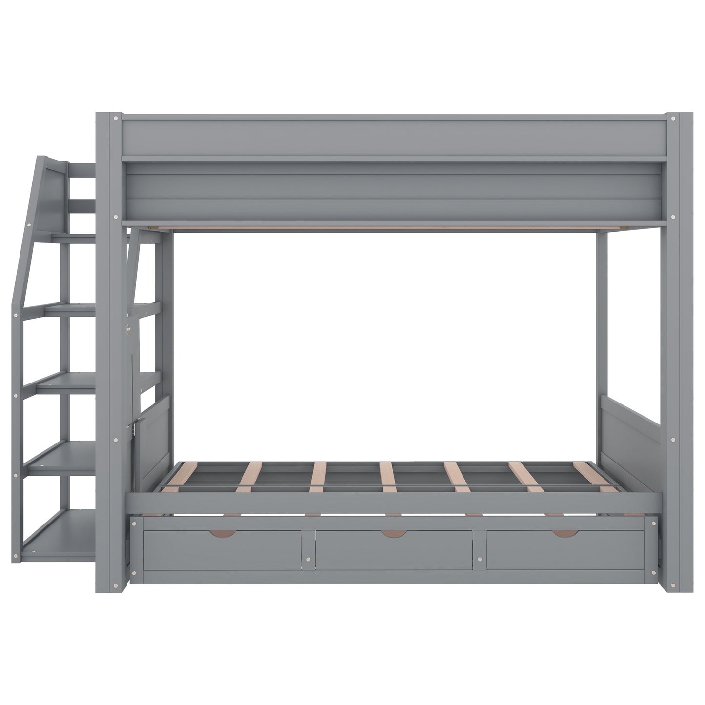 Wood Full Size Convertible Bunk Bed With Storage Staircase, Bedside Table, And 3 Drawers - Gray - The Sleep Loft - Online Mattress Showroom NYC