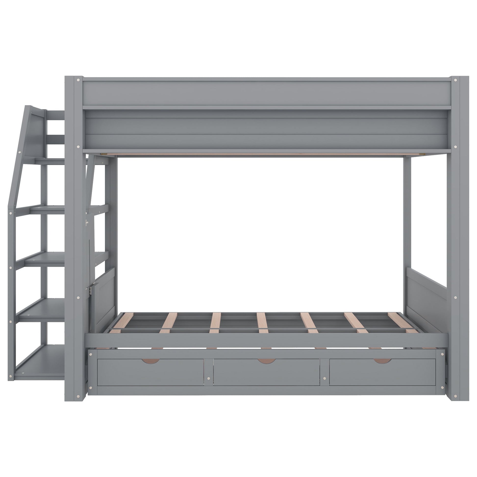 Wood Full Size Convertible Bunk Bed With Storage Staircase, Bedside Table, And 3 Drawers - Gray - The Sleep Loft - Online Mattress Showroom NYC