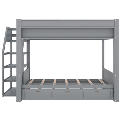Wood Full Size Convertible Bunk Bed With Storage Staircase, Bedside Table, And 3 Drawers - Gray - The Sleep Loft - Online Mattress Showroom NYC