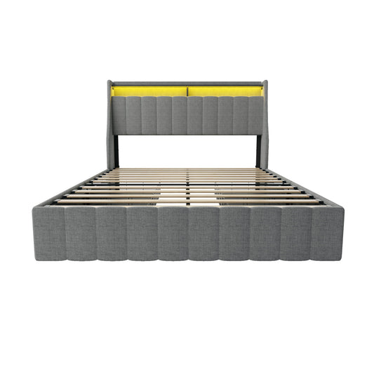 Queen Size Bed Frame With LED Lighting, Winged Headboard With Storage Drawers - Light Gray - The Sleep Loft - Online Mattress Showroom NYC
