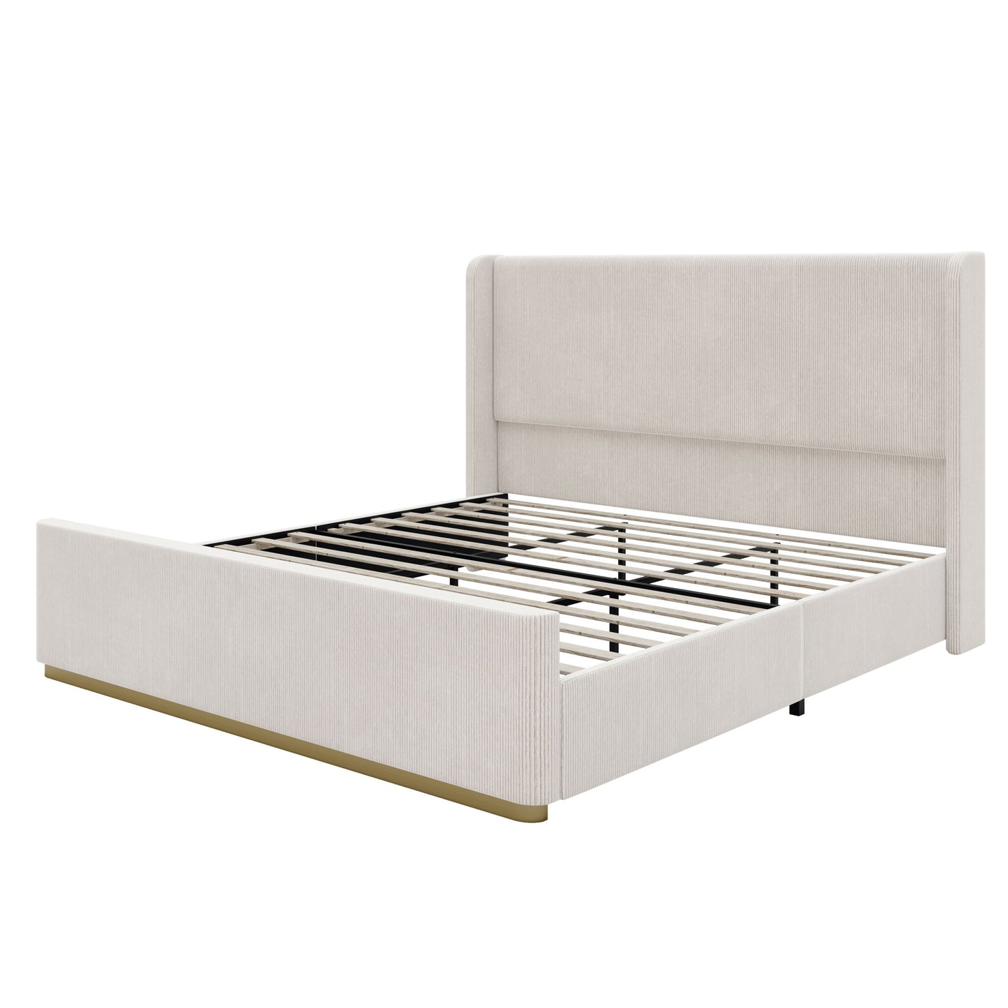 King Size Luxurious Corduroy Upholstered Bed Frame With Vertical Stripe Wingback Headboard And High Footboard - Light Gray - The Sleep Loft - Online Mattress Showroom NYC