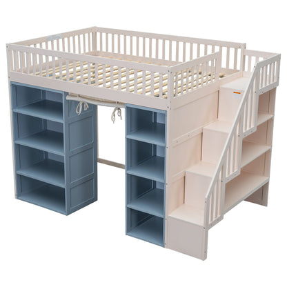 Full Size Loft Bed With 2 Four Layer Storage Cabinets And Curtain With Built In Staircase And Privacy Curtain - White - The Sleep Loft - Online Mattress Showroom NYC
